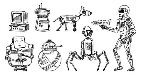 Robots and technology evolution. Stages Development of androids. Artificial Stock Illustration