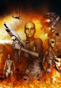 Robots Apocalypse,3d illustration concept background Stock Illustration