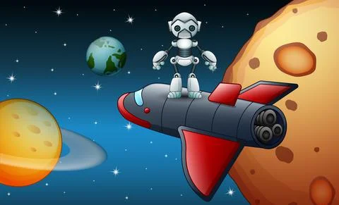 Robots are flying in the space Stock Illustration