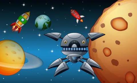Robots are flying in the space Stock Illustration