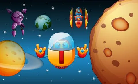 Robots are flying in the space Stock Illustration