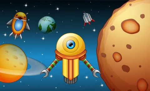 Robots are flying in the space Stock Illustration