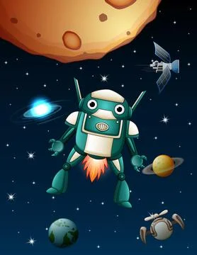 Robots are flying in the space Stock Illustration