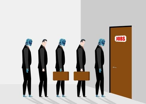 Robots are job seekers. Robots are at the labor exchange. Robot is looking .. Stockillustratie