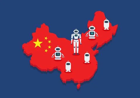 Robots are standing on china map. concept of Artificial intelligence genera.. 스톡 일러스트