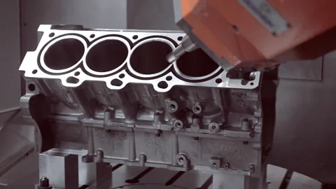 Robot's arm on the program performs the milling of the cylinder of the engine Stock Footage 98225246