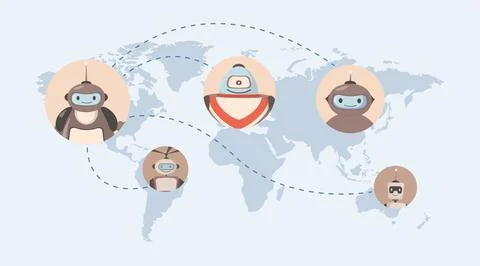 Robots around the world vector flat illustration. Map with robot avatars. Future Stock Illustration