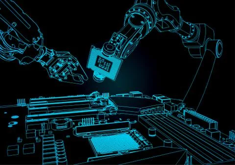 Robots assemble a computer Illustrazione stock