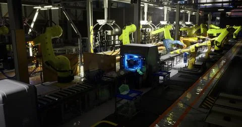Robots assembling components in a modern manufacturing facility at night Illustrazione stock