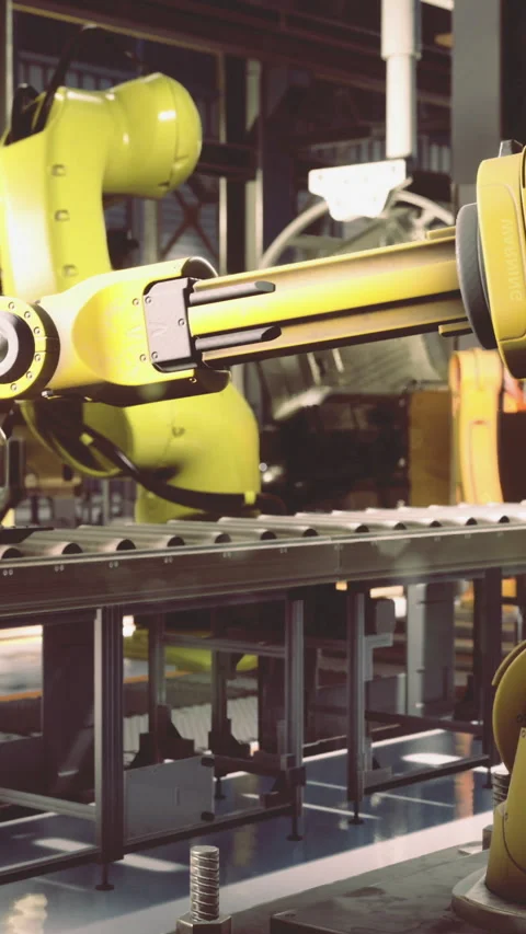Robots assembling products in a high tech manufacturing facility Stockbeeldmateriaal 314257351