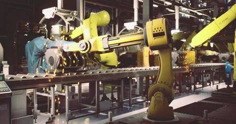 Robots assembling products in a high tech manufacturing facility Stock Footage 318688778