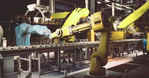 Robots assembling products in a high tech manufacturing facility Stock Illustration