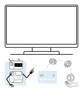 Robots assist with digital transactions, showcasing payment card, currency ex Stock Illustration