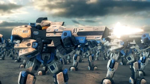 Robots with Big guns in a war 4k Stock Footage 146750939