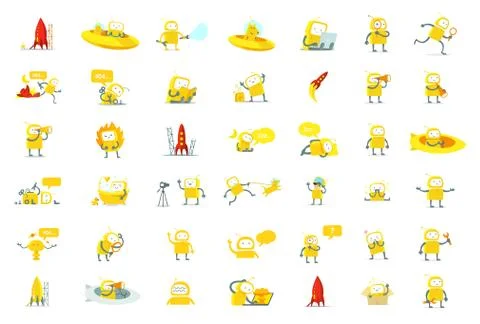 Robots big set character. Yellow color version. Search, ufo and others Stock Illustration