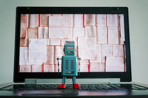 Robots with books screen, big data and deep learning concept Stock Photos