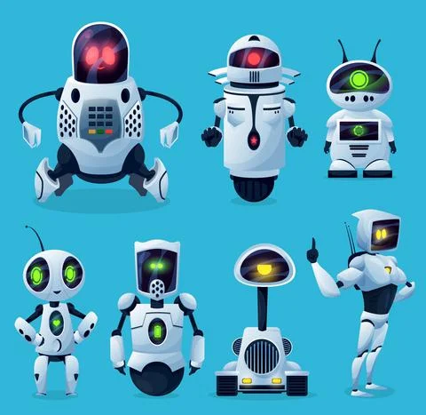 Robots, cartoon AI chatbots and bots, kid toys Stock Illustration