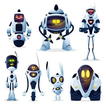 Robots cartoon characters, android and cyborgs Stock Illustration