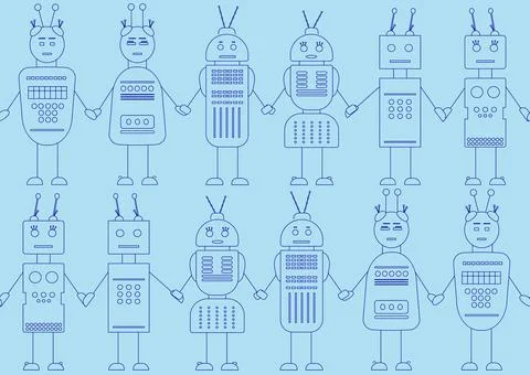 Robots in cartoon style. Seamless pattern Stock Illustration