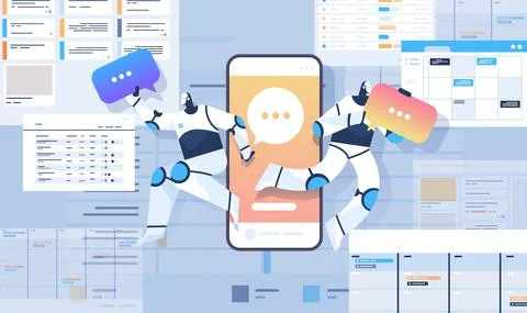 Robots with chat bubbles using online mobile chatting app online communication Illustrazione stock