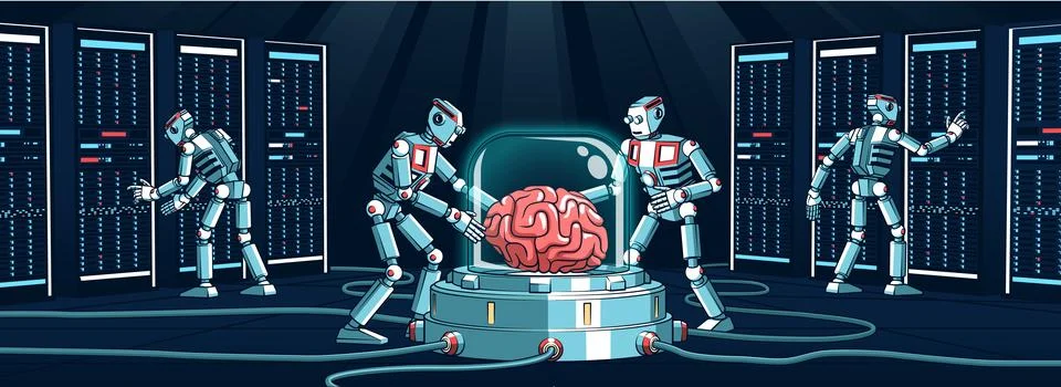 Robots collaborating on advanced data processing within a futuristic data center Stock-Illustration