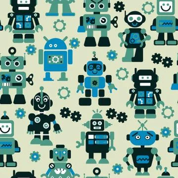 Robots color seamless pattern. on green background. Stock Illustration
