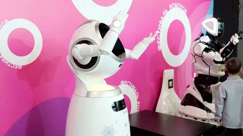 Robots to communicate with visitors. Information and entertainment. Stock Footage 233485342