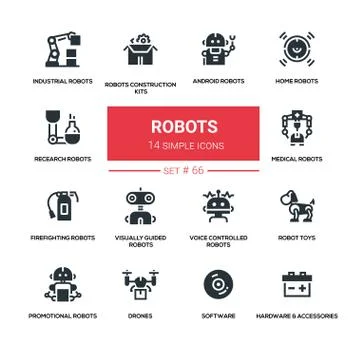 Robots concept - line design style icons set Stock Illustration