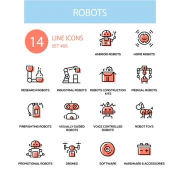 Robots concept - line design style icons set Stock Illustration