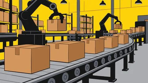 Robots on conveyor belt sorting boxes in automated warehouse industrial fac.. Stock Illustration