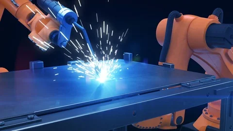 Robots Cutting Metal Process at Workshop. High Precision Modern Tools in Heavy Stock Footage 83383692