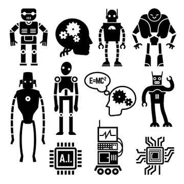 Robots, cyborgs, androids and artificial intelligence vector icons 스톡 일러스트