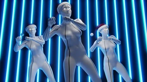 Robots dance in a Santa Claus hat against a background of blue neon lights. Video stock 258222474