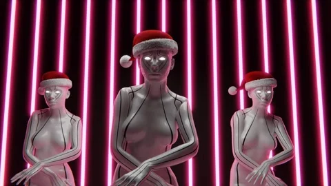 A robots dances in a Santa Claus hat against the backdrop of flashing lights. Stock Footage 258164179