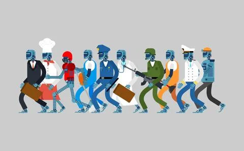 Robots of different professions set. Concept and will replace working speci.. Stock Illustration