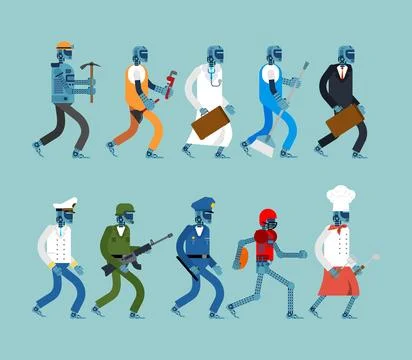 Robots of different professions set. Concept and will replace working speci.. Stockillustratie