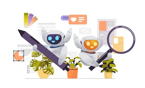 Robots digital designers programmer and analyst team working together robotic Illustrazione stock