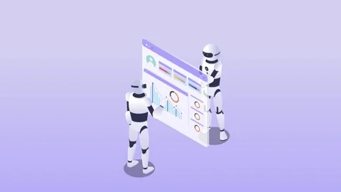 Robots with digital screen interface 3d animation cartoon Stock Footage 282963477