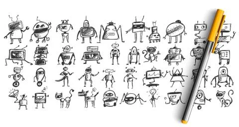 Robots doodle set Stock Illustration