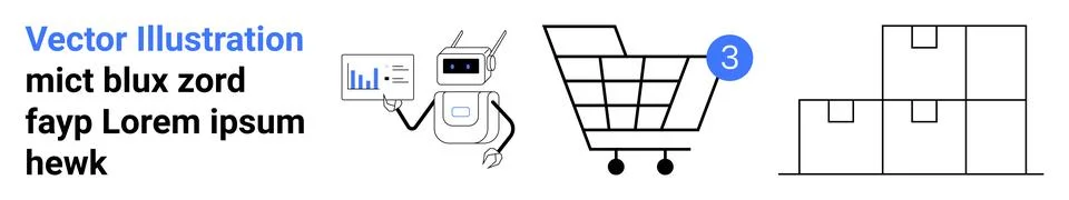 Robots in E-commerce Analytics and Shopping Automation with Packaging Element Stock Illustration