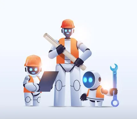 Robots engineers holding construction drawings modern robotic architects with 스톡 일러스트