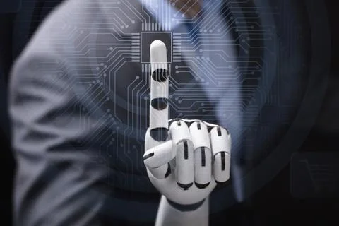Robot's Finger Touching Computer Micro Chip Stockfoto's