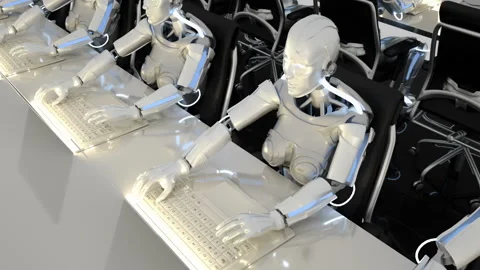 Robots of the future work in offices on computers. Loopable. 스톡 동영상 90837292