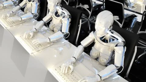 Robots of the future work in offices on computers. 3D rendering Stock Illustration