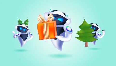Robots with gift box in fir tree festive hat robotic characters celebrating Stock Illustration