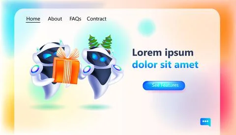 Robots with gift box in fir tree festive hat robotic characters celebrating Stock Illustration