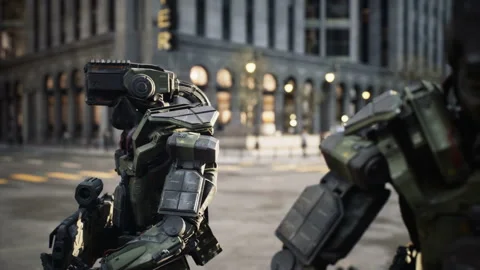 A robots on guard in a modern technological city. Military robots on the streets Stock Footage 196411534