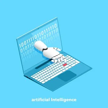 The robot's hand is going to press the laptop button, isometric image Stock Illustration