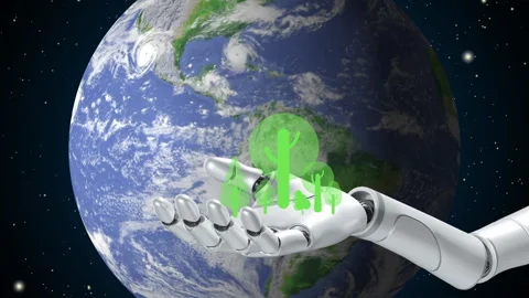 Robots hand showing tree icons, eco friendly protecting environmental world Stock-Footage 247164424