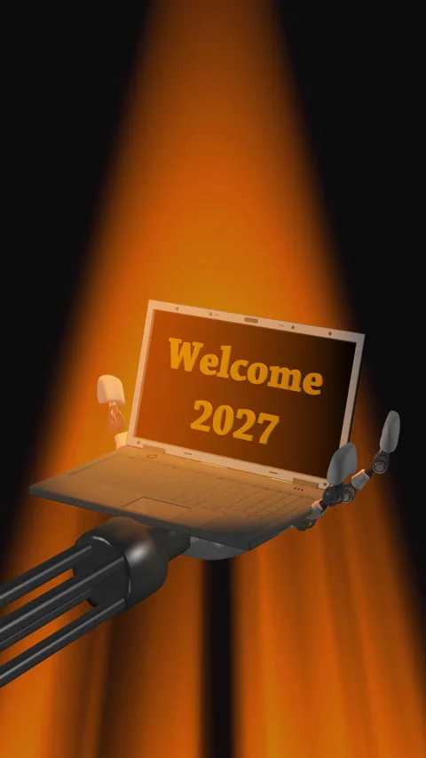 In the robot's hand, "Welcome to the Year 2027" Stock Footage 335984493